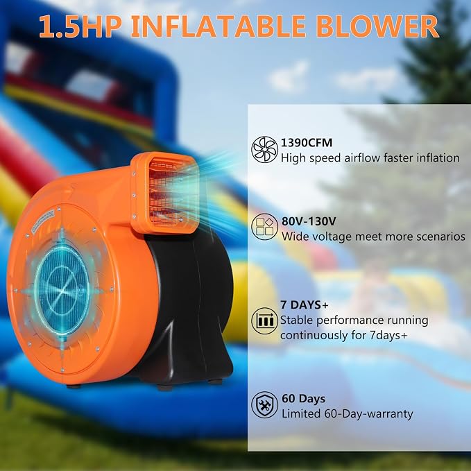 High-Power 1100W 1.5HP Inflatable Commercial Air Blower for Outdoor Bounce Houses, Water Slides air Sofas, Paint Booth and Other Suitable Large Outdoor inflatables Electric Air Pump Fan (Orange)