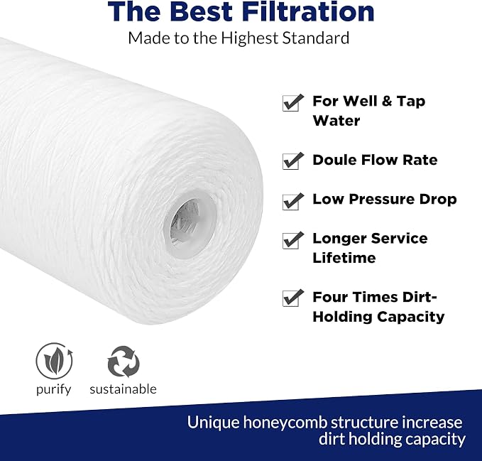 Membrane Solutions 1 Micron 10"x4.5" String Wound Whole House Water Filter Replacement Cartridge Universal Sediment Filters for Well Water - 4 Pack