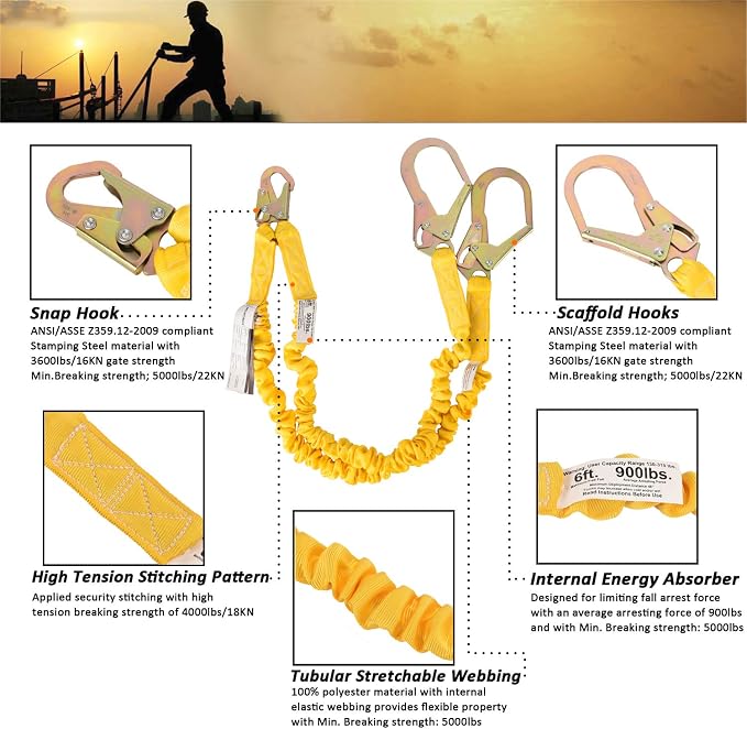 Double Leg 6-Foot Fall Protection Safety Lanyard