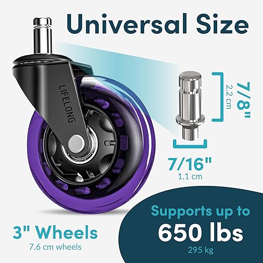 Lifelong Original Office Chair Wheels (As Seen On CNN) Replacement Rubber Chair Casters for Hardwood Floors & Carpet, Set of 5, Heavy Duty Casters for Chairs to Replace - Fits 98% (Purple)