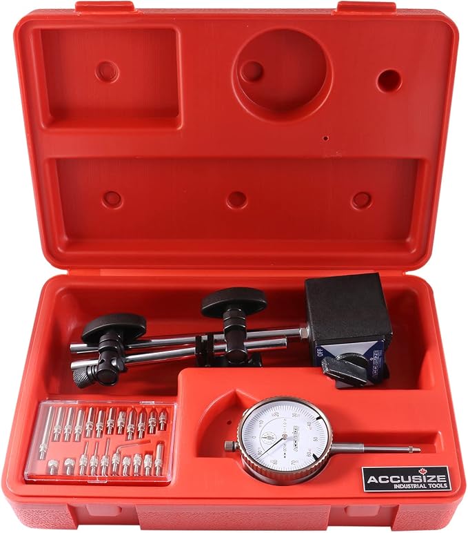 Accusize Industrial Tools 3 Pc Set, 110 Lb Capacity Magnetic Base, 0-1'' by 0.001'' Dial Indicator and 22 Ps Indicator Point Kit, Eg01-1039