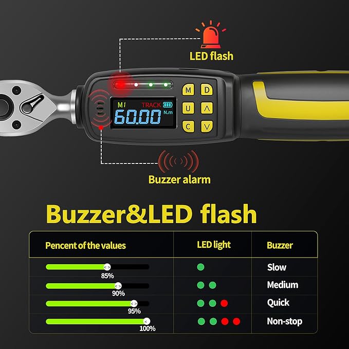 3/8" Drive Digital Torque Wrench, 1.4-44 Ft.lbs (1.8-60 Nm) | ±2% Accuracy Electronic Torque Wrench with Dual Direction Ratchet, Buzzer and LED Indicator, for Motorcycle & Spark Plugs