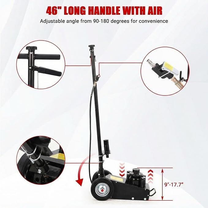 Air Hydraulic Floor Jack, 22-Ton(44,000 LBS) Low Profile 9 Inch Heavy Duty Jack for Trucks & Tractors, Dual Power Air/Manual Hydraulic with 4 Adapters, Adjustable 46" Handle & Rubber Wheels