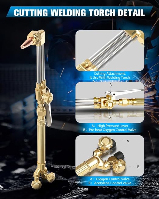 Oxy Acetylene Torch Kit, Cutting Torch Kit, Gas Welding Kits, Professional Brazing Set, Portable Oxygen Acetylene Welder Set Include Nozzles, Regulator, Hoses, Check Valves, Gauges, Storage Case Blue