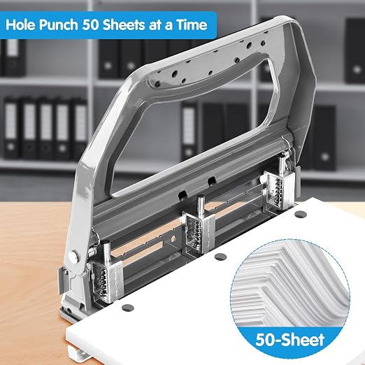 AFMAT 3 Hole Punch Heavy Duty, 9/32" Holes, 50-Sheet Hole Puncher 3 Ring, 50% Reduced Effort, Adjustable Two & Three Hole Punch, Metal Paper Puncher w/Large Chip Tray, Metal Paper Guide, Gray, HP18