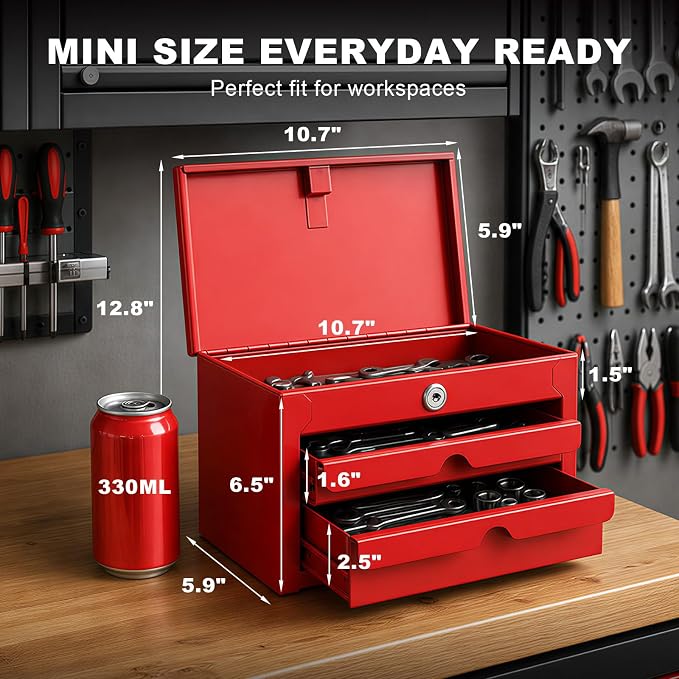 BIG RED Mini Steel Tool Box with Drawer, Small Metal Tool Box Organizer | Lockable Top Storage, Multi-Purpose Portable Tool Box Organize for Desk, Home, Garage, desk or Workbench, Red