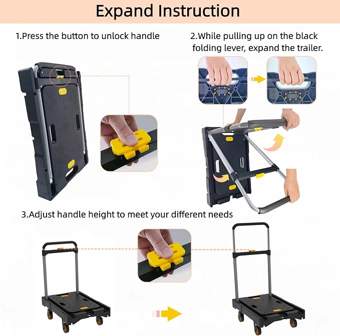 Platform Truck Folding Hand Truck 300 LB Heavy Duty Utility Dolly Flatbed Luggage Push Cart Fully Folded Compact Cart, Portable Trolley with 1 Elastic Ropes, Easy Storage & Lightweight for Moving