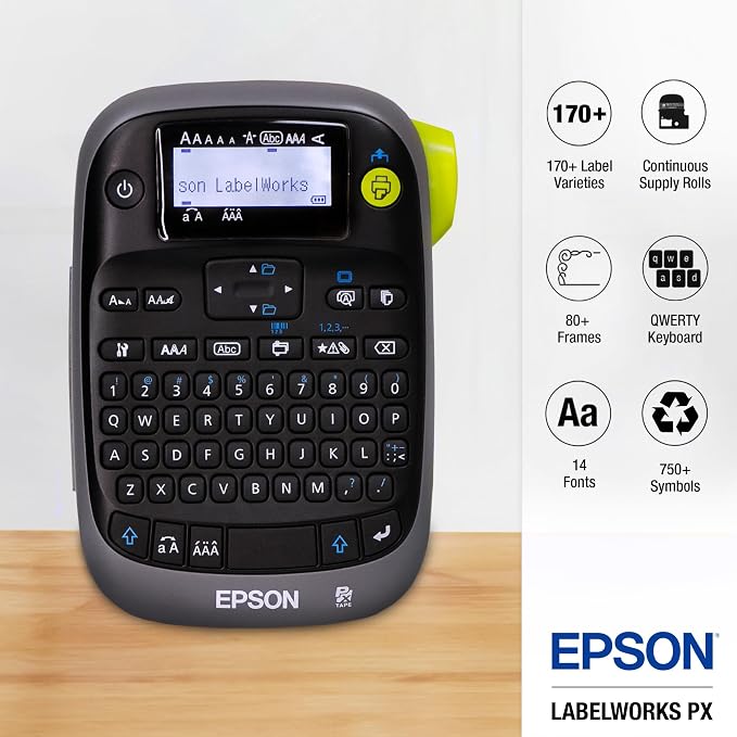 LABELWORKS Epson Restaurant Deli Organizer Bundle - LW-PX300 Industrial Label Maker and 212WBPX PET (Polyester) Tape Cartridge - White on Black Industrial Label Maker Tape