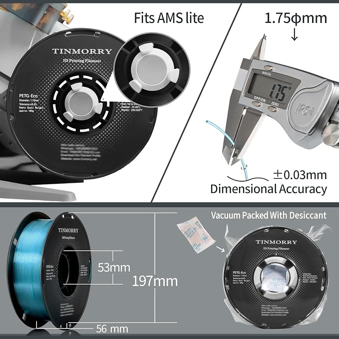 TINMORRY PETG Filament 1.75, Rapid PETG-Eco 3D Printer Filament, Compatible with Most FDM 3D Printers, 1 KG 1 Spool, Transparent Blue