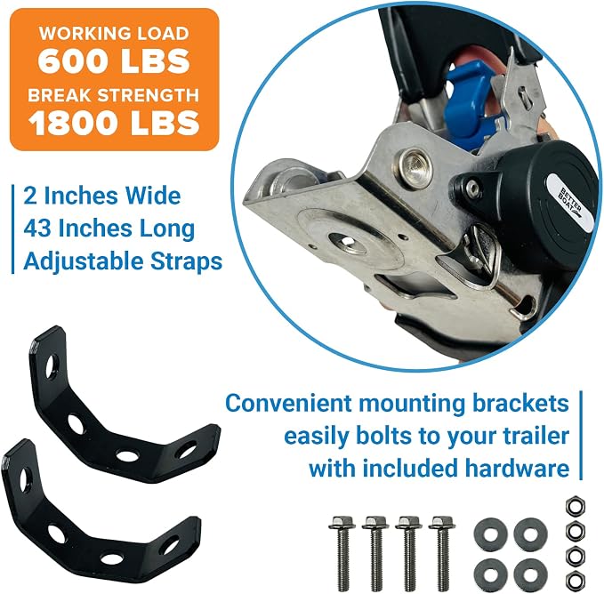 Stainless Steel Retractable Ratchet Straps, Heavy Duty Set, 2 Inch x 43 Inch, 2 Transom Tie-Downs with Mounting Brackets and Bolts, Auto Self-Retracting Buckle for Boat Trailer and Cargo