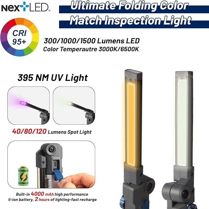 NextLED NT-7885M Ultimate Folding 1500 Lumen Multi-Function LED Rechargeable Work Light with CRI 95 Rating, Dual Color Temperatures, for Auto Detailing, Color Match, Mechanic Repair, HVAC Inspection