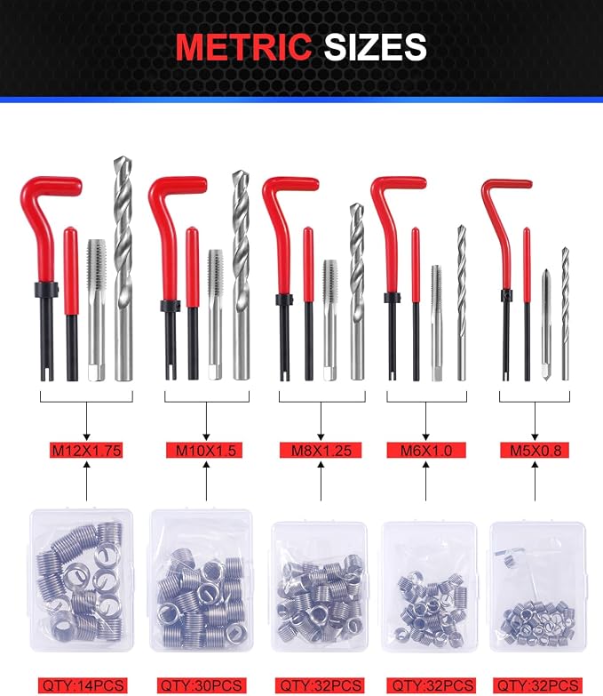 Kolvoii Helicoil Thread Repair Kit 320-Piece, Metric & SAE HSS Drill Bits Tap Set, Spark Plug Engine Stud Insert for Automotive Rethreading Restorer Tool