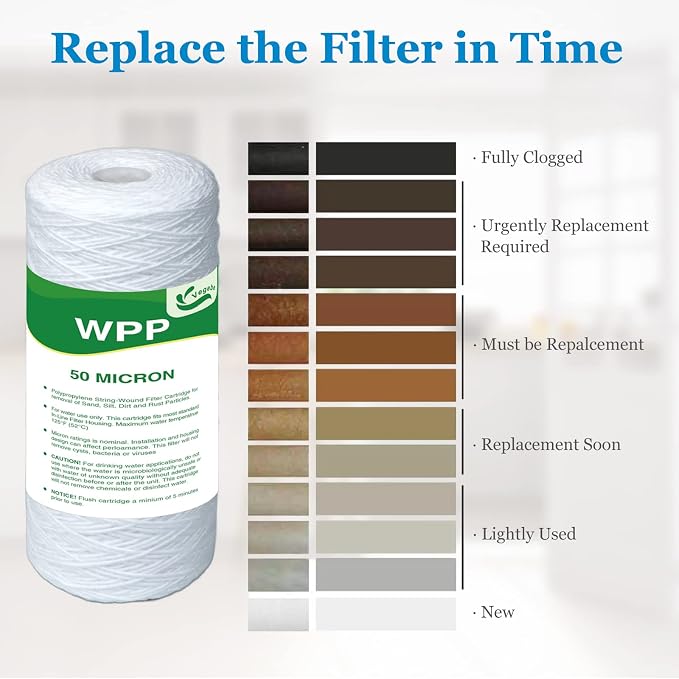 50 Micron Water Filter 10" x 4.5", 10-inch Whole House Heavy Duty String Wound Sediment Pre-Filters for Well Water, Replacement Cartridge for WPX50BB97P, 355220-43, SWC-45-1050, AP814, 4-Pack