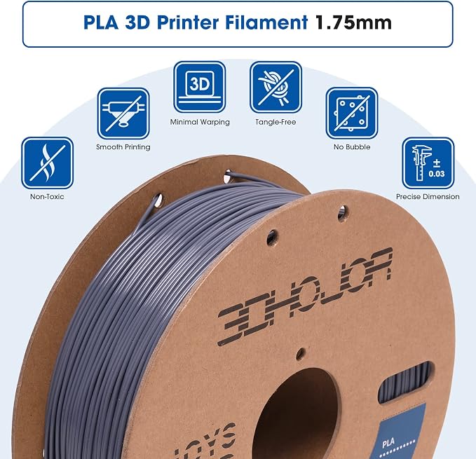 3DHoJor PLA Filament 1.75mm,3D Printing Filament,1kg*2 Cardboard Spool, Fit Most FDM 3D Printer,Dimensional Accuracy +/- 0.03 mm,Vacuum Packaging-2Pack Grey