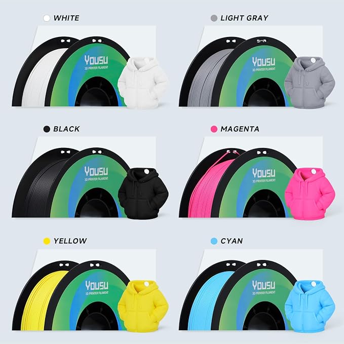 YOUSU Matte PLA Filament 1.75mm Bundle 1KG*6/13.2lbs Dimensional Accuracy +/- 0.02mm, 6 Colors, Plastic Spool for Most FDM 3D Printers(Black, White, Light Gray, Cyan, Magenta, Yellow)
