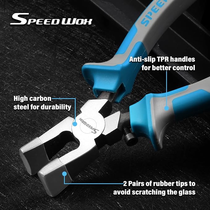 SPEEDWOX Glass Running Pliers with Rubber Tips for Glass Cutting 8 Inches Key Fob Pliers with Curved Jaws Heavy Duty for Stained Glass Work Mosaics Breaking Tool