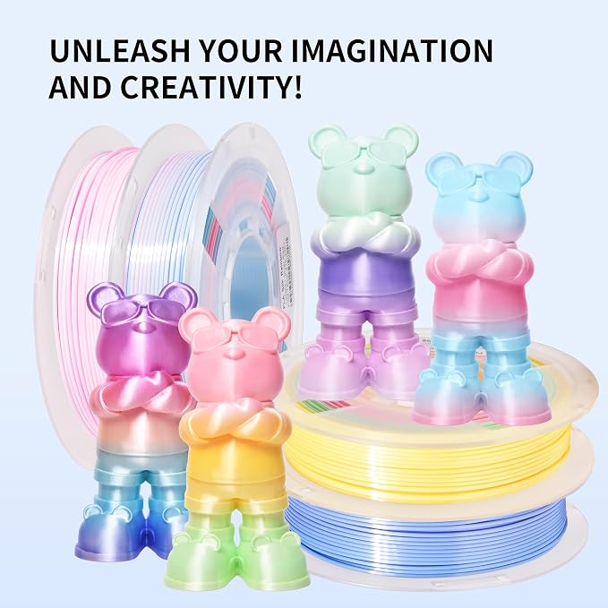 RAMBERY Silk Rainbow PLA 3D Printer Filament Bundle Shiny Multicolored Filament 1.75mm Fast Color Change 3D Printing Filament for Most 3D Printer, 4 Spools 250g Each (2.2lbs)