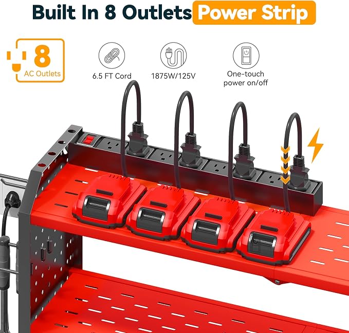 Warome Tool Organizer with Charging Station, Power Tool Rack Wall Mount with 8-Outlet Power Strip, Tool Storage for Garage with 8 Cordless Drill Holders, Battery Utility Shelf in Red