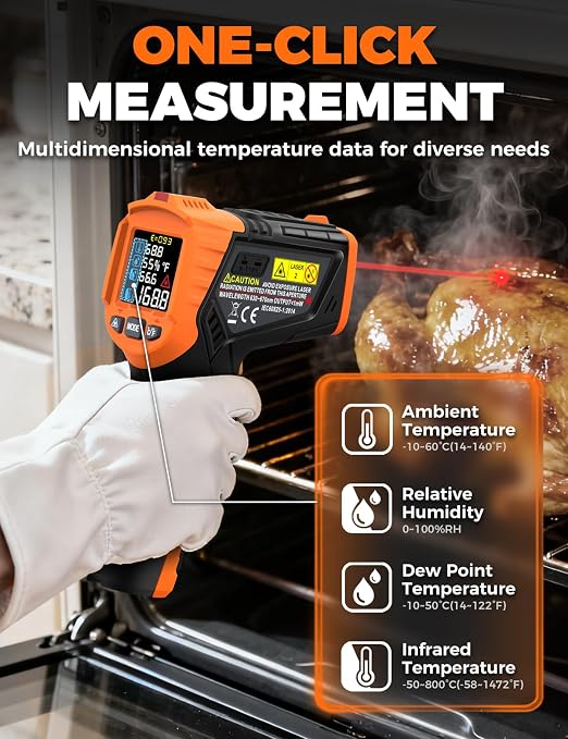 4 in 1 Temperature Gun POROMETISTO 4 Types of Alarm Setting,-58-1472°F Measure Infrared/Ambient Temperature Humidity Infrared Thermometers,Industrial Laser Thermometer Gun with K-Type Probe