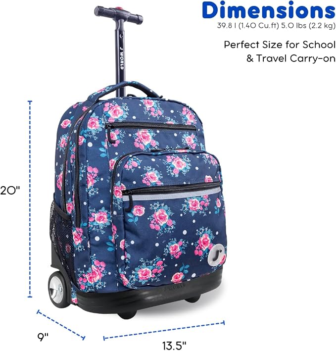 J World Sundance Laptop Rolling Backpack for Girls Boys. Roller Bookbag with Wheels, 20 Inch, Navy Rose