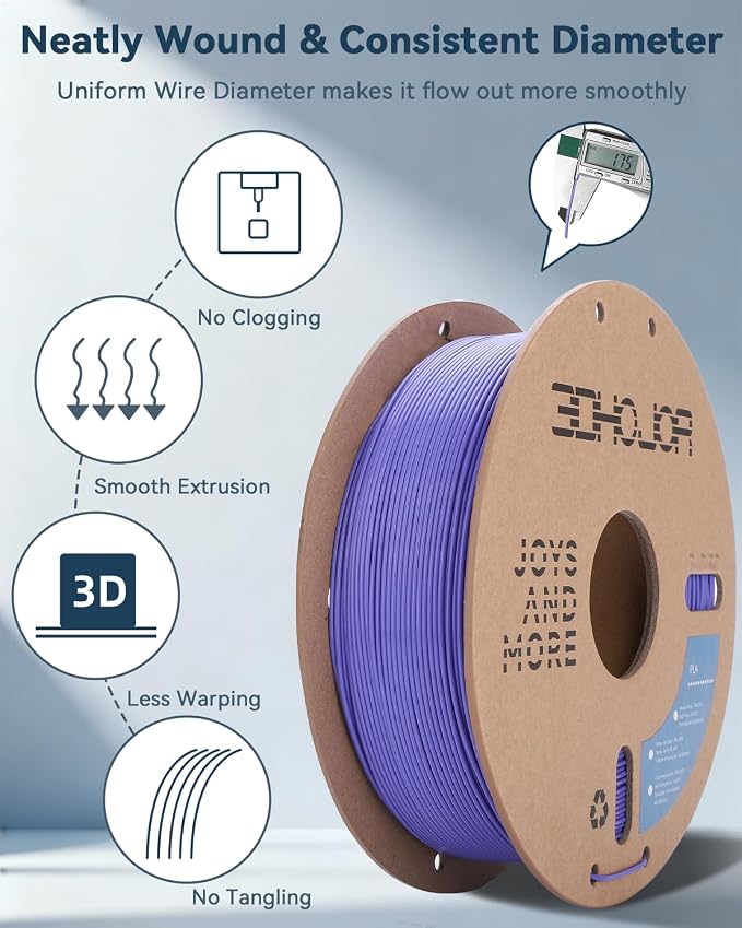 3DHoJor PLA Filament 1.75mm,3D Printer Filament,1kg Cardboard Spool (2.2lbs),Dimensional Accuracy +/- 0.03 mm,Vacuum Packaging Odor Free Clog Free Fit Most 3D FDM Printer,Periwinkle Blue