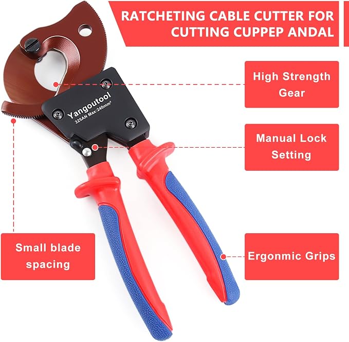 Yangoutool Ratchet Cable Cutter Heavy Duty for Copper and Aluminum Cables, 240mm² Capacity, Sharp Polished Edges, Ideal for Cutting Large Armored Electrical Wires, Perfect for Electricians