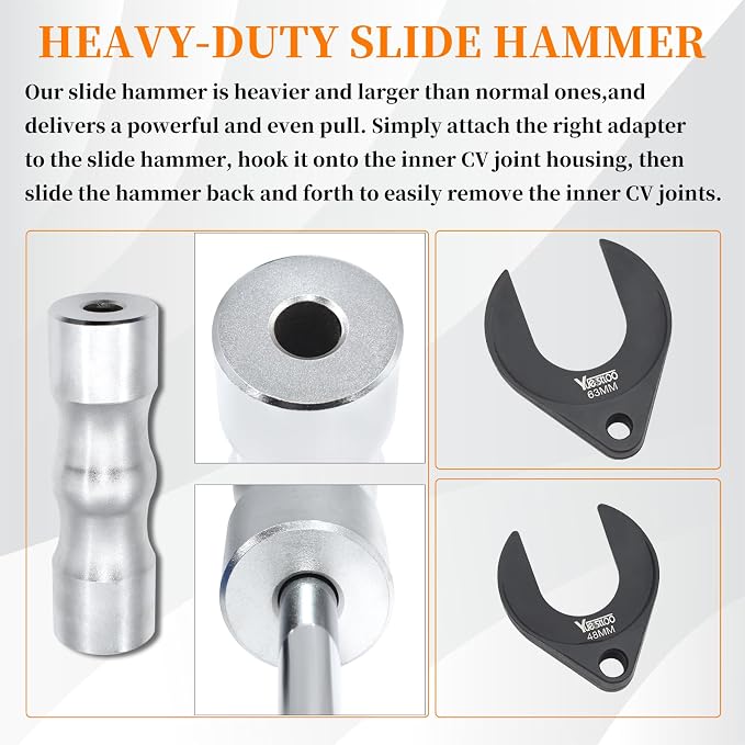 9 PCS Inner CV Axle Removal Tool, Heavy Duty Slide Hammer Puller Set, 63mm 48mm CV Joint Fork, Steel Cable Adapter, Extension Rod, Front Wheel Drive Axle Half Shaft Removal Tool Kit
