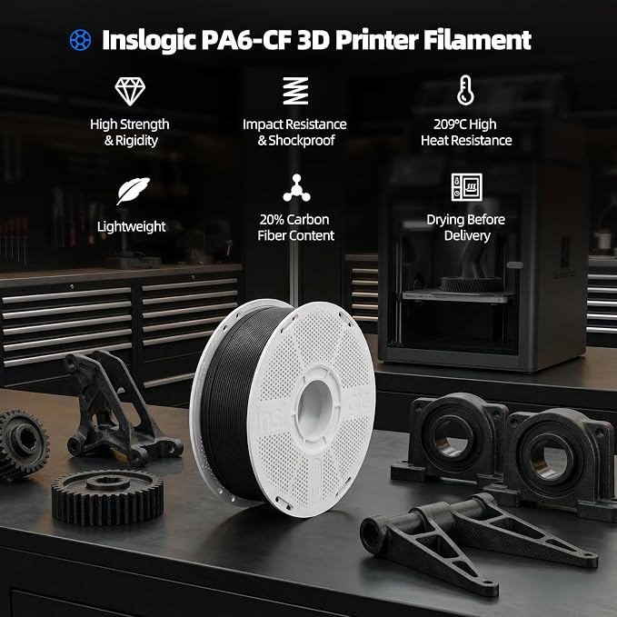 Inslogic PA6-CF20 Carbon Fiber Nylon Filament 1.75mm Black 1kg Spool, 20% Carbon Fiber Reinforced PA6 Filament, Low Warp & Wear Resistant for Functional Parts & Industrial Tools