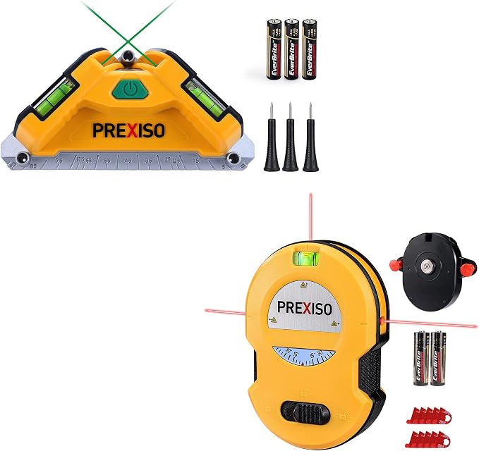 PREXISO Square Laser-65Ft Green Beam Floor Tile Laser Level & PREXISO Multi Surface Laser Level LED Light Vial, 30Ft Horizontal and Vertical Line Laser