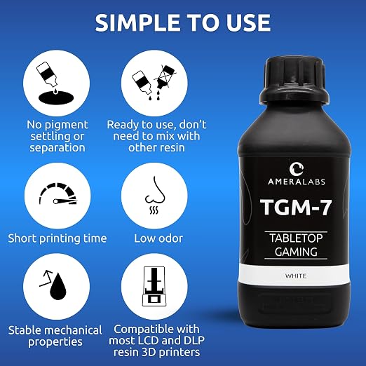 TGM-7 3D Printer Resin for Tabletop Miniatures – Tough, High Resolution, Low Odor, Fast Curing Printing Liquid for 4K/8K/12K LCD/DLP/SLA UV Resin 3D Printers (White, 1kg)