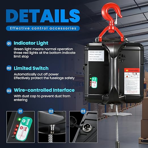 NEWTRY 3 in 1 Electric Hoist Winch 440lb, 16ft/min Manual|Cable| Control, 62ft Portable Power Electric Lift with Sling Strap for Lifting Small Engines, Bicycles, Groceries