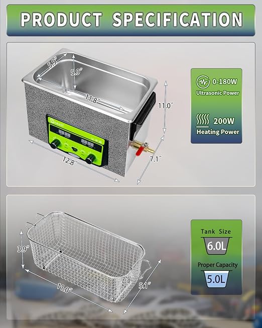 ONEZILI 6L Ultrasonic Cleaner, 180W 40kHz Ultrasonic Parts Cleaner, Adjustable Power, Sweep & Degas for 360°Cavitation Cleaning- Industrial Ultrasonic Cleaning Machine for Hardware & Mechanical Parts