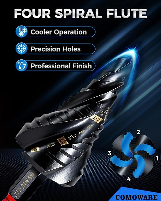 Step Drill Bit Set, 1/8~1-3/8" 5Pcs Four Spiral Flute AITIN Coated Step Bit | Versatile Size,Upgraded 3/8" Shank for Higher Torque,1/4" Hex Shank,for Metal, Stalinless Steel, Aluminum, Wood, Plastic