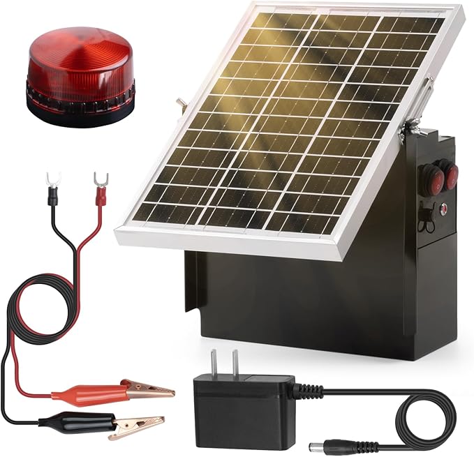 Solar Fence Charger with Warning Light, Briidea 1.2 Joules Solar Electric Fence Energizer, Dual Power (Solar & Adapter), Up to 10-Mile Range, IP64 Weather-Resistant, for Livestock, Garden & Pasture