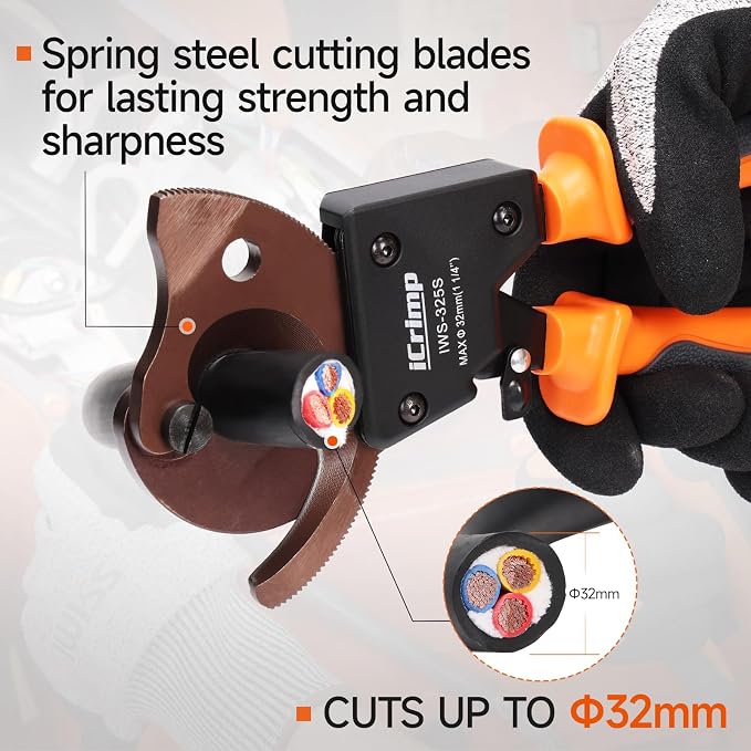 iCrimp Ratchet Cable Wire Cutter, Cuts Up to 32mm Diameter, Heavy-Duty Cable Cutter for Cutting Electrical Aluminum Copper and Multi-core Cables IWS-325S