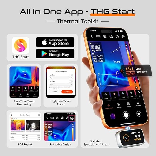 GW340 Thermal Camera for iPhone/Android/Tablet, 512x384 Super IR Resolution, Thermal Imager iOS 17/16/15 Series & iPads USB-C Port, 256x192 IR Resolution Home Inspection, HVAC, Automotive -4°F~752°F