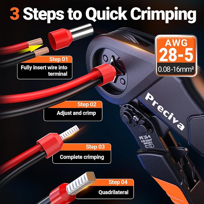 Preciva Ferrule Crimping Tool Kit with Wire Stripper, Quadrilateral Ferrule Crimper for AWG 28-5（0.08-16mm²） Self-Adjustable Ratchet Ferrule Terminals Crimping Tool with 1660Pcs Ferrules Connectors