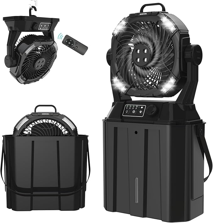 Portable Misting Fans - 6L Water Tank, 20000mAh Rechargeable Outside Water Fans with Remote Control, LED Light Adjustable Spray Mister Fan with Hook/Bucket, Misters for Outdoor Patio/Camping