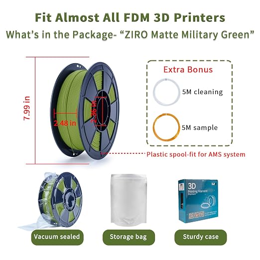 ZIRO Matte PLA Filament 1.75mm, Pure Color No-Shine 3D Printer Filament, High Toughness 3D Printing Material, Dimensional Accuracy +/- 0.03mm, Military Green(Matte)