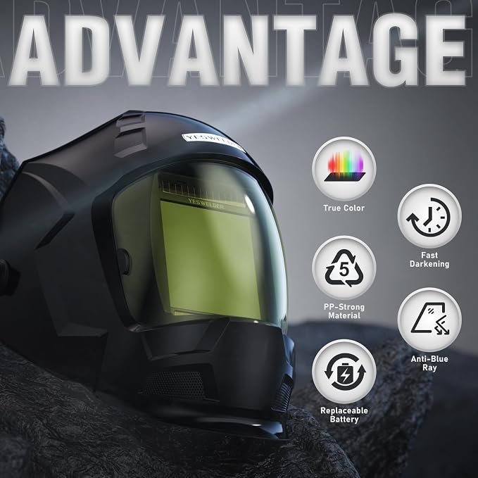 YESWELDER Auto Darkening Welding Helmet, Hemispherical lens, 1/1/1/1 True Color 3.94"X3.66" Large Viewing, Solar Power 4 Arc Sensor, Wide Shade 4/5-9/9-13 for TIG MIG Arc Weld Grinding Welder Mask