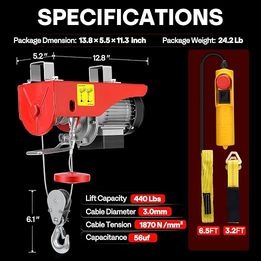 VIVOHOME Electric Hoist, 110V 440 Lbs Winch with Remote Control, Zinc-Plated Steel Wire Hoist for Garage, Warehouses, Factories 38ft Lifting Height with Emergency Stop Switch ETL Listed