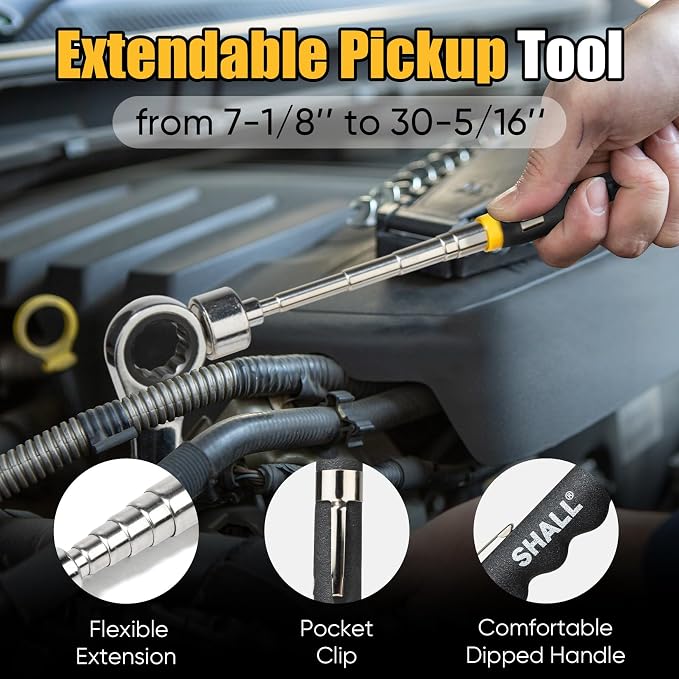 SHALL Magnetic Tool Parts Mat and Telescoping Magnetic Pickup Tool, Flexible Magnetic Tool Holder Pad W/ 83 Built-In-Magnets & 25LBS Pull Force Extendable Magnet Hold Mechanic Wrenches Screws Bolts