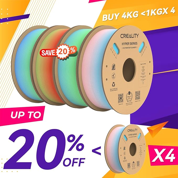 Creality Hyper PLA Filament 1.75mm, 30-300mm/s High Speed 3D Printer Filament, Dimensional Accuracy +/-0.02mm, Fit Most FDM 3D Printers, 4 Pack 1kg Spool(2.2lbs), Rainbow