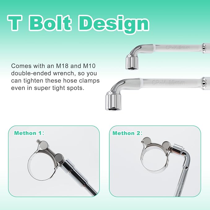 T-bolt Hose Clamps - 32PCS 17-35mm Stainless Steel Hose Clamp Assortment 6-Sizes Heavy Duty Adjustable Tube Clamps with M8 and M10 Socket Wrenches