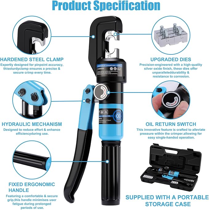 10-Tons Hydraulic Crimping Tool with 9 Dies, 12 to 2/0 AWG Battery Cable Lug Terminal & Wire Rope Crimper, 1/16" 1/8" 3/16" Stainless Steel Cable Railing Tool