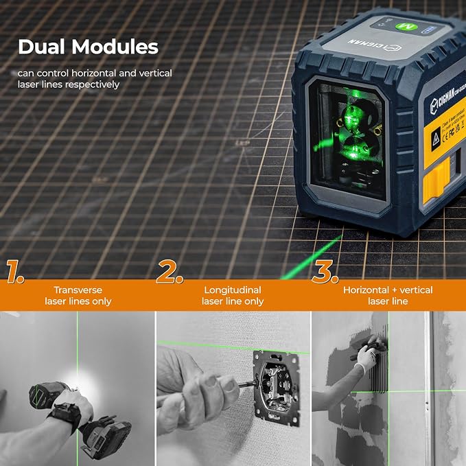 Laser Level Rechargeable, CIGMAN G02A Green Self-Leveling Cross Line Laser Level with Horizontal and Vertical Lines, Selectable Laser Lines, 100 Ft Visibility, Rotatable 360°, Charging Cable Included