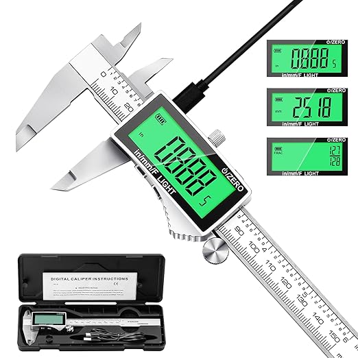 Rechargeable Digital Caliper 6 Inch, Large Backlit LCD Display, Stainless Steel Electronic Vernier Dial Calipers Measuring Tool, Inch/MM/Fraction, Auto-Off Micrometer for DIY, Household, 3D Printing