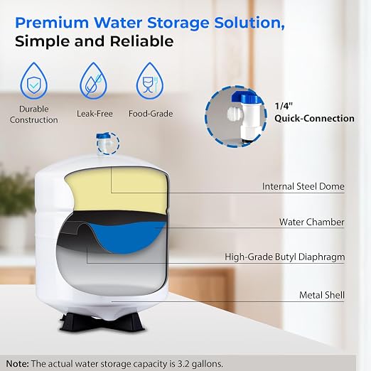 iSpring T32M Pressurized Water Storage Tank with Ball Valve for Reverse Osmosis RO Systems, 4 Gallon, 1/4" Tank Valve Included, White