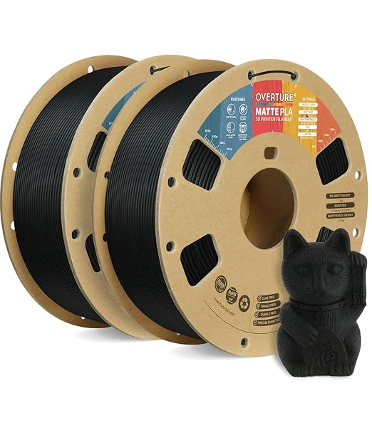 OVERTURE 2KG Bundle Matte PLA, Low Warp & Matte Surface 3D Printer Filament | Frosted Matt Finish Hides Layer Lines, 2 Pack 1kg Spool (2.2lbs) Cardboard Spool, Fit Most FDM Printer (Matte Black*2)