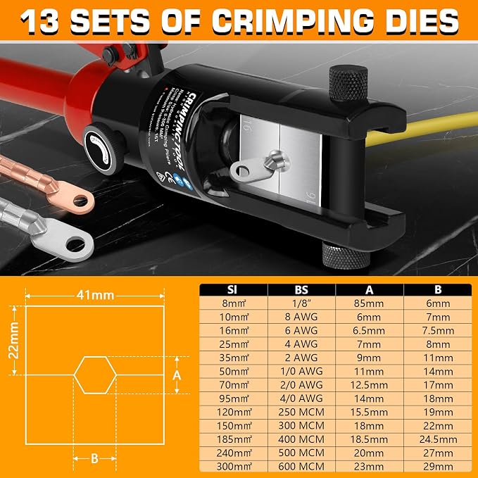 Hydraulic Crimping Tool, 16 Tons Wire Crimping Tool Kit with Cable Cutter | With 13 Pairs of Dies, 12 AWG to 600 MCM, Wire Rope Crimping Tool for Battery Cable Ends Ring Terminals, Red